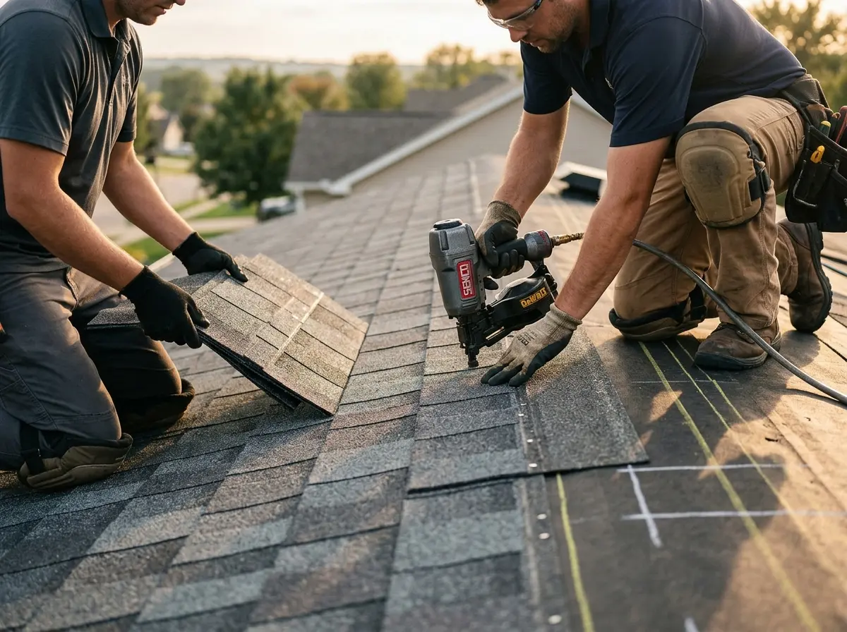 Professional roofer working on a residential roof in North Tonawanda